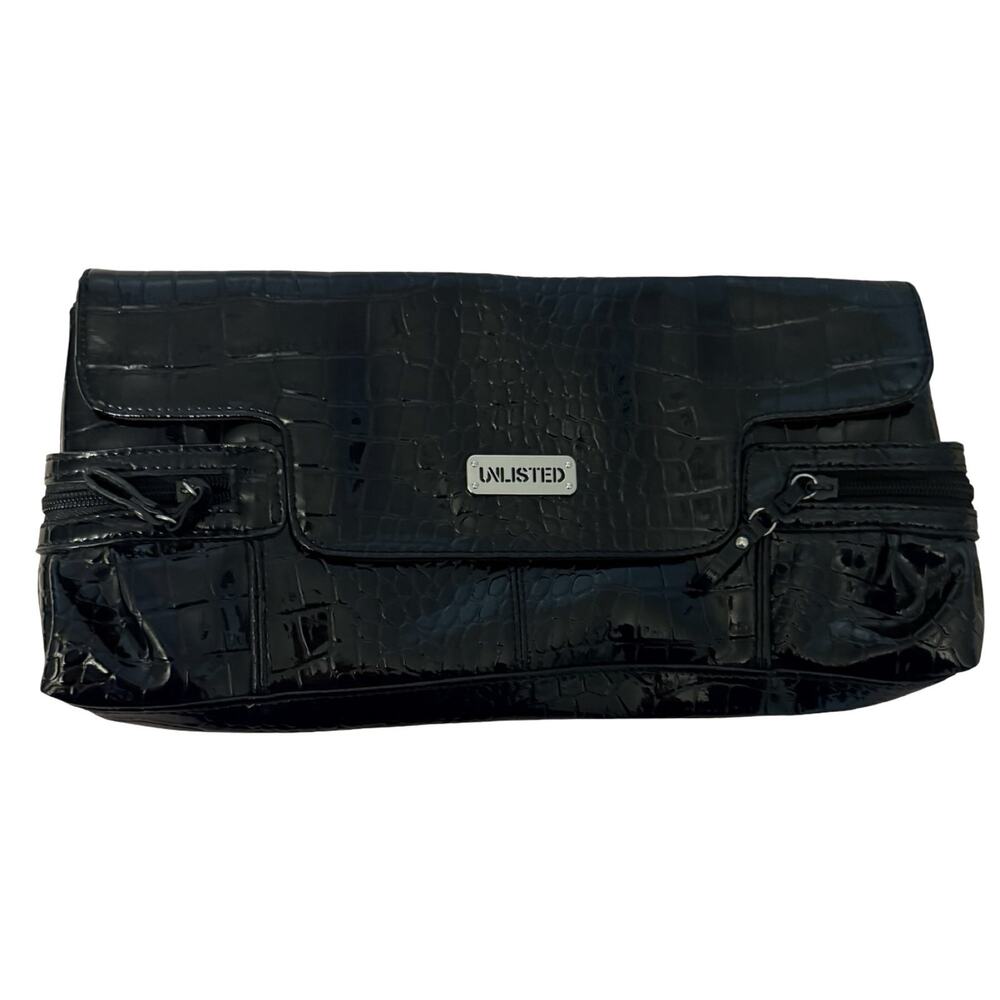 Unlisted Purse Black Croc Embossed Clutch Snap Close Patent Faux Leather Y2K Bag